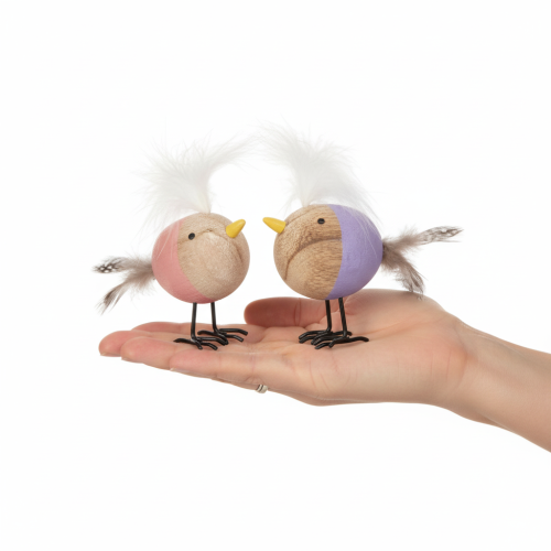 tételeket Dekoratív fa madár tollakkal és színes testtel asztaldísznek, 10 cm, 6 darab