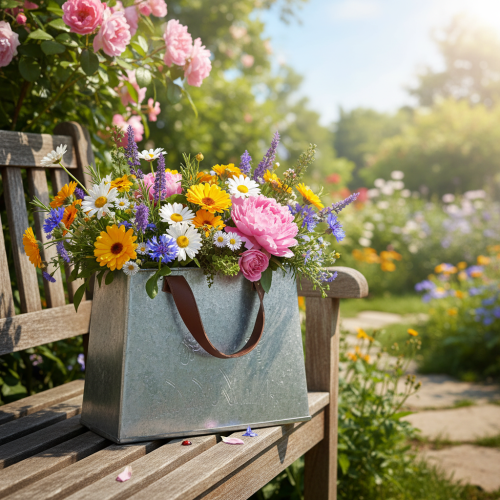 tételeket Dekoratív táska, ezüst, fehér, barna, fém, virágcserép, H22cm, 2 darab