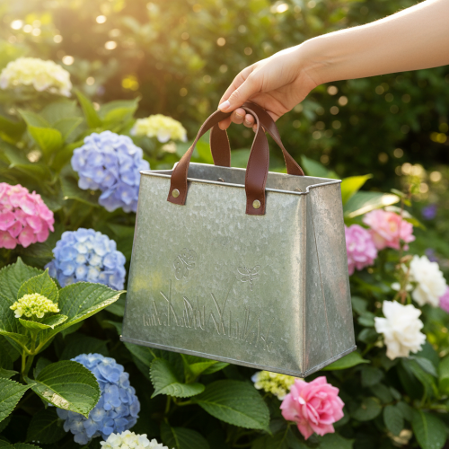 tételeket Dekoratív táska, ezüst, fehér, barna, fém, virágcserép, H22cm, 2 darab