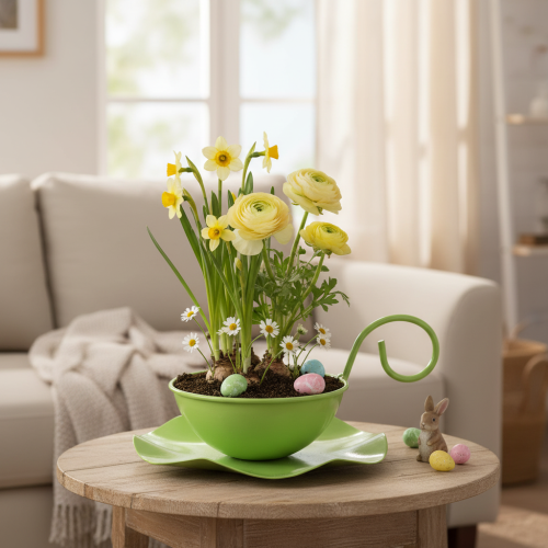 tételeket Fém díszes bögre tányérral, világoszöld, M8cm Ø11.5cm, 2 darab