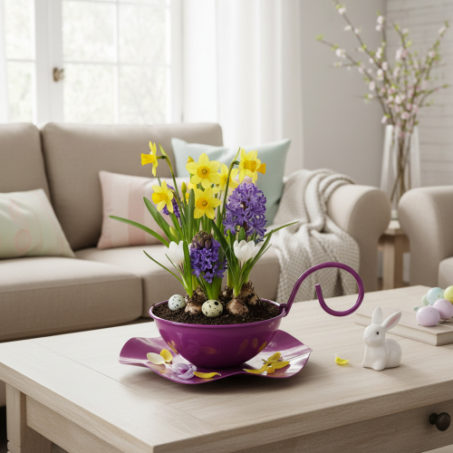 tételeket Dekoratív fém teáscsésze tányéron, lila, Ø11.5cm, M8cm, 2 darab