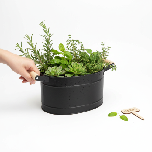 tételeket Fém ovális virágcserép füllel, fekete és natúr felülettel, 34x19,5x15cm