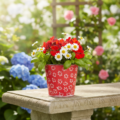 tételeket Piros-fehér mini virágcserép, virágminta, fém, Ø10.5cm M10.5cm