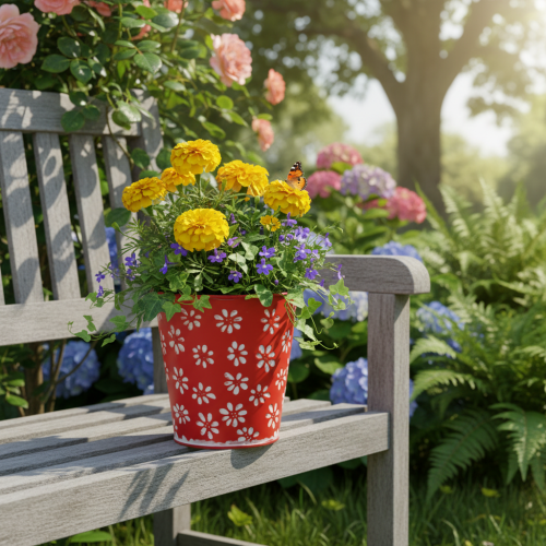 tételeket Piros és fehér virágcserép, fém, Ø12,5cm M11,5cm