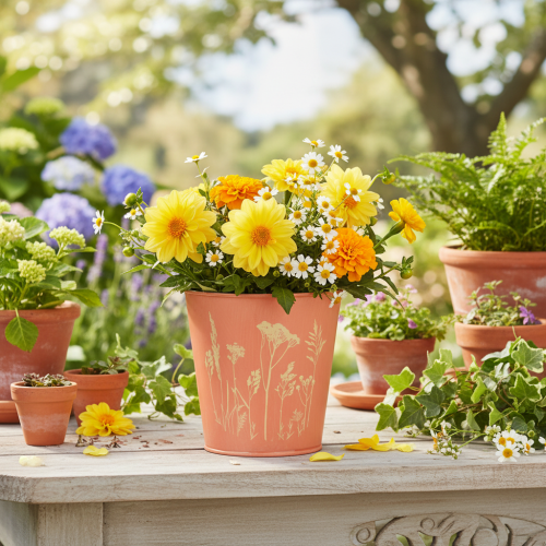 tételeket Virágcserép virágdíszítéssel, baracksárga, Ø10.5cm M10.5cm