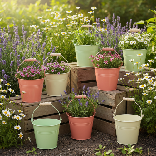 tételeket Vödör füllel, virágtartó, pasztell fém, Ø10cm M8cm, 10 darab