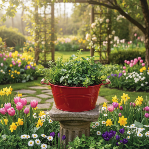 tételeket Dekoratív tál fülekkel, fém virágtál, piros, Ø29cm, M14.5cm