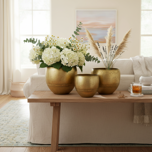 tételeket Dekoratív vázák sárgaréz hatású fémvázák Ø18/15/12,5cm 3 db-os készlet