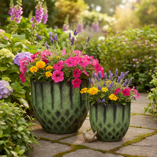 tételeket Vintage fém virágcserép, zöld, Ø14/12cm, 2 db-os szett