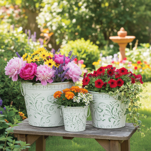 Fém cserepek fülekkel, virágtartók dombornyomással, fehér, zöld, shabby chic, Ma: 20,5/18,5/16cm, Ø: 25,5/20,5/15,5cm, 3 db-os szett | Floristik24.hu