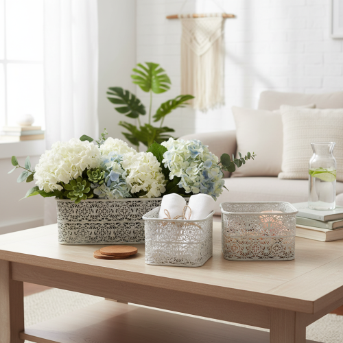 tételeket Csipkemintás fémtálak, díszes tárolóedény, szögletes, shabby chic, fehér, 27/23/19cm, M13,5cm, 3 db-os szett