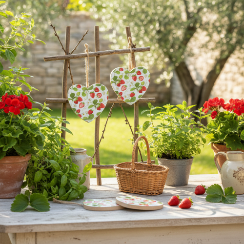 tételeket Dekoratív szív eper motívummal – Nyárias fa medál vidéki stílusú dekorációhoz, 10cm x 10cm, 4 darab