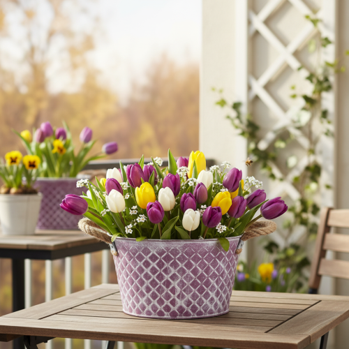Cinktál, rombusz alakú, kötél fogantyúkkal, lila/fehérre meszelt, Ø24,5cm M14cm | Floristik24.hu