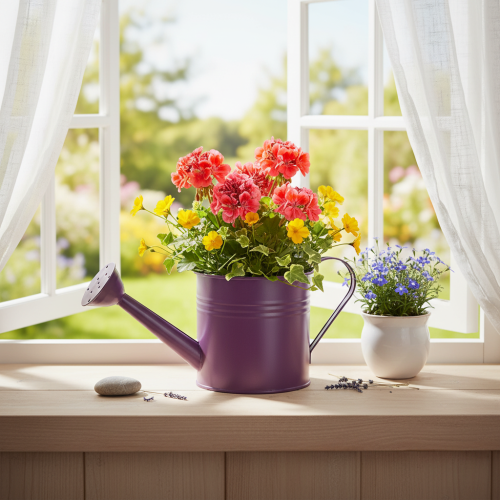 Dekoratív öntözőkanna, lila fém, virágcserép, Ø13.5cm M12.5cm | Floristik24.hu