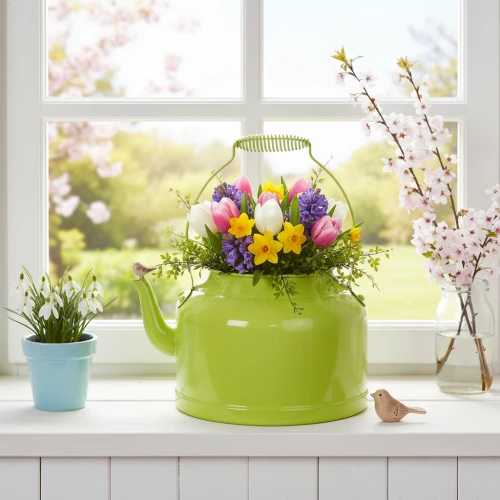 Dekoratív fém teáskanna, almazöld - virágcserép - Ø20cm M15cm - sokoldalú kerti dekoráció és ajándékötlet | Floristik24.hu
