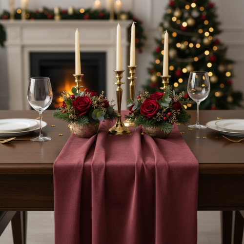 Bársonyos asztali futó Bordeaux sötétvörös, 28×270cm - luxus asztali futó díszszövet ünnepi alkalmakra | Floristik24.hu