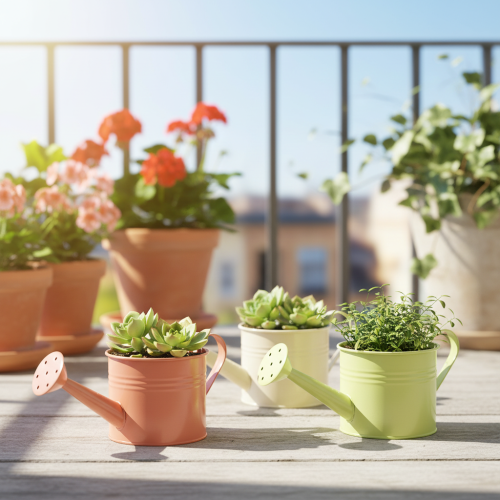 Dekoratív öntözőkanna szett pasztell lazac, zöld, sárgászöld színekben - fém virágtartó Ø11cm M10cm, 8 darabos | Floristik24.hu