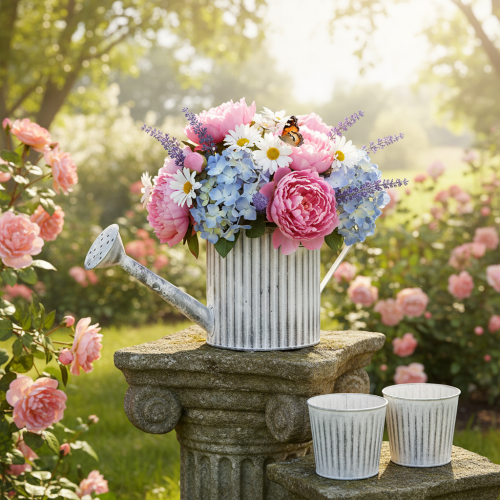 Vintage virágtartó Ø17cm, dekoratív öntözőkanna, fém virágtartó shabby chic | Floristik24.hu