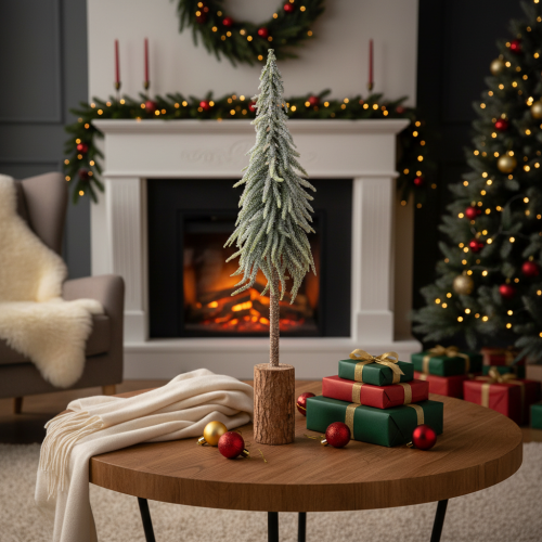 Műfenyő, jeges, díszfa fa talapzaton téli és karácsonyi dekorációhoz, 75cm | Floristik24.hu