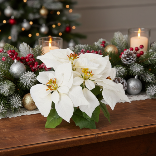 Mesterséges mikulásvirág, fehér, nagy virágú, dísznövény, 40cm | Floristik24.hu