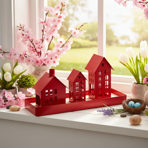 Fém mécsestartó, piros, tálcával, 35 cm, 1 szett | Floristik24.hu