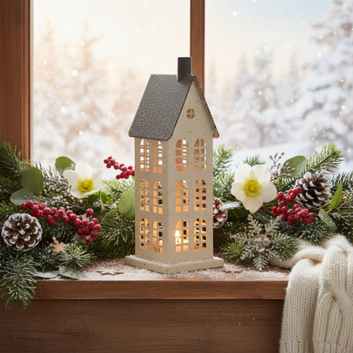 Dekoratív fémház ablakokkal és kandallóval, 28 cm | Floristik24.hu