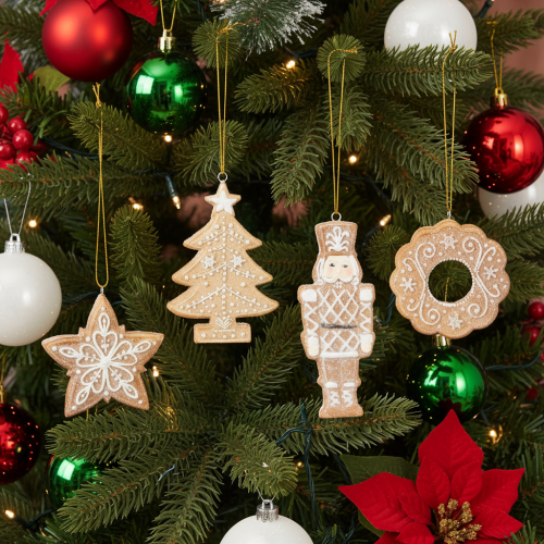 Karácsonyi díszek, mézeskalács, cukormázas mintás, diótörő, csillag, fa, koszorú, 6 cm, 4 darab | Floristik24.hu