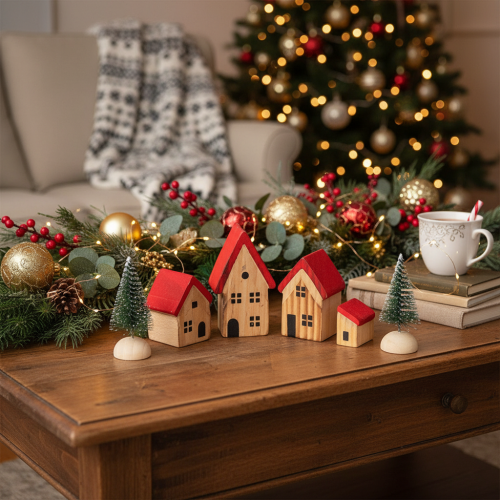 Fa díszház szett piros tetővel és fenyőfákkal, 12 cm, 6 darab | Floristik24.hu