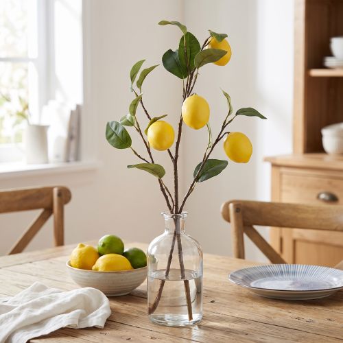 tételeket Műcitromág dekoráció, 3 sárga citrommal díszített ág, 65 cm, műnövény, dekoratív kiegészítő
