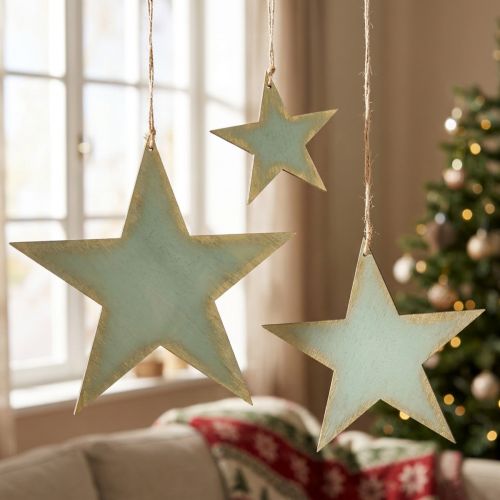 Fából készült csillagok függő ablakdíszhez menta arany 12/20/26cm 3 db-os készlet | Floristik24.hu