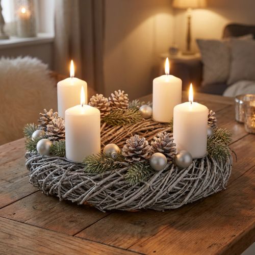 Fenyőkoszorú, natúr koszorú, shabby chic díszkoszorú, Ø40cm, téli dekoráció, asztali koszorú, adventi koszorú | Floristik24.hu