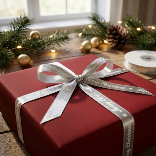 tételeket Karácsonyi szalag Merry Christmas Szalag Ezüst Fehér 10mm 20m