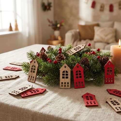 Dekoratív ház szórványdísz fa natúr vörös színben 2×4,5cm 72 db | Floristik24.hu