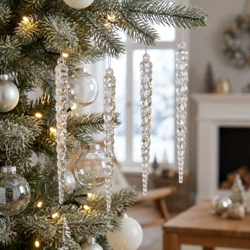 Dekoratív jégcsapok akasztani téli átlátszó glitterhez 14cm 4db | Floristik24.hu