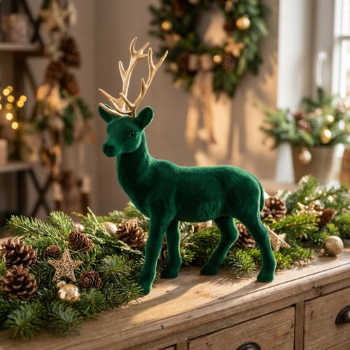 Szarvas álló deco figura zöld arany asztaldísz advent 27cm | Floristik24.hu