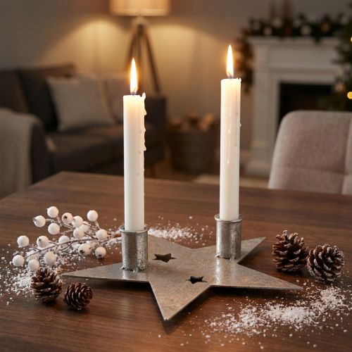 Gyertya díszítő csillag, fém díszítés, gyertyatartó 2 kúpos gyertyához ezüst, antik megjelenés 23cm × 22cm | Floristik24.hu