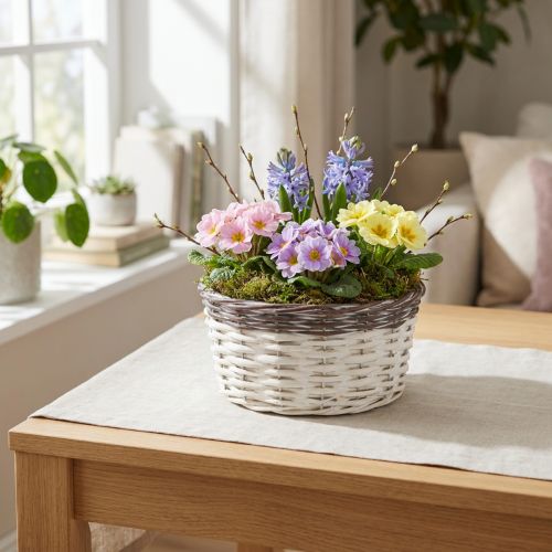 Dekoratív kerek virágkosár Ø20cm Fehér Barna Tavaszi dekoráció | Floristik24.hu