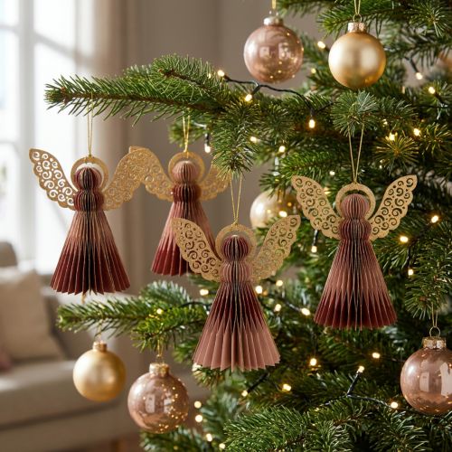Papír angyal Christmas angel deco bor vörös rózsaszín H12cm 4db | Floristik24.hu