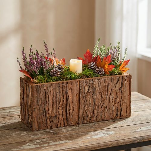 Hosszúkás fa virágláda, fenyőkéreg virágláda, 27×10cm | Floristik24.hu