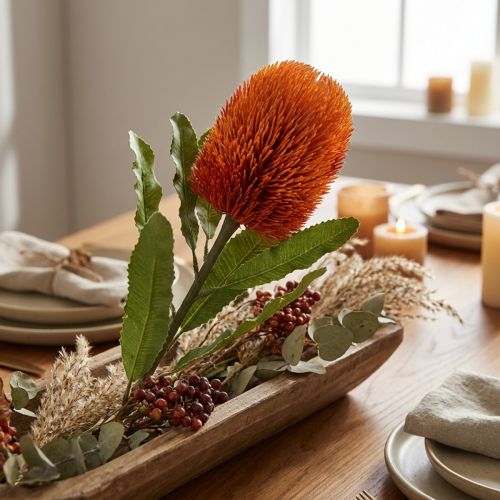Művirág Banksia Narancs őszi dekoráció temetési virágok 64cm | Floristik24.hu