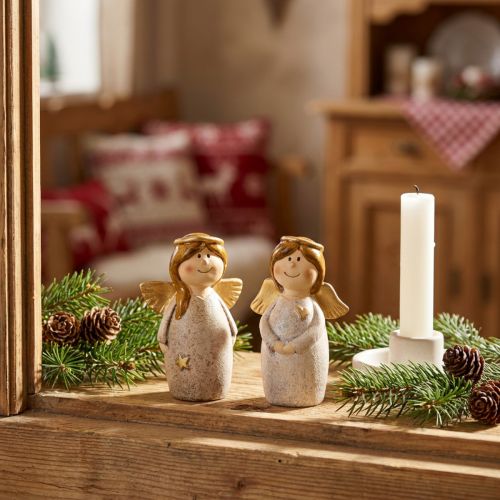 Bájos angyalduó kerámiából krémfehér színben, arany díszítéssel - 8,6 cm - Mennyei dekoratív figurák - 2 db | Floristik24.hu