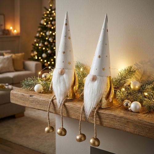 Gnome karácsonyi díszfigura fehér, arany Ø6,5cm H22cm 2 db | Floristik24.hu