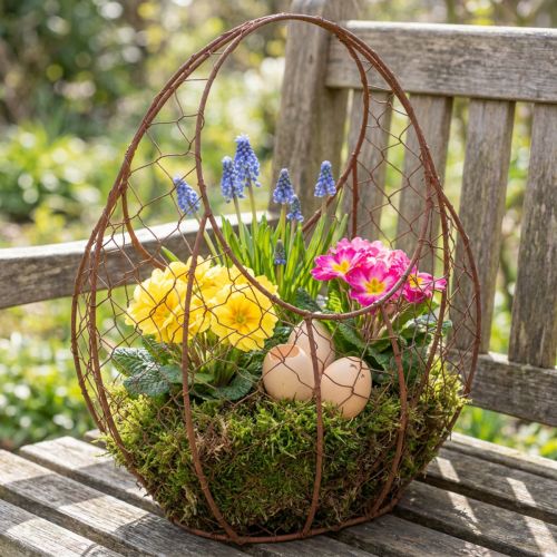 Drótkosár, fém virágtartó, tavaszi dekoráció, húsvéti kosár, barna, rozsdabarna felület, M34cm H30cm | Floristik24.hu