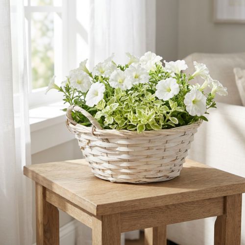 Kosár fülekkel, faforgács kosár, virágkosár, fehér, vintage, dekoratív, Ø35cm | Floristik24.hu