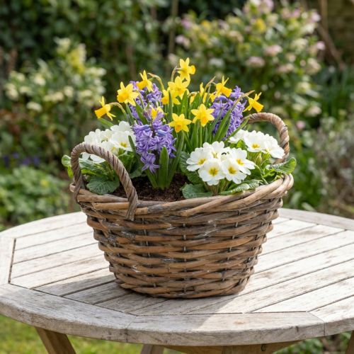 Virágdísz, füles fa kosár, natúr virágtartó, fehérre mosott H12cm Ø24cm | Floristik24.hu
