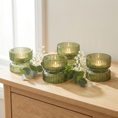 Üveg mécsestartók, dekoratív, bordázott, zöld, Ø9cm, M7cm, 4 darab | Floristik24.hu