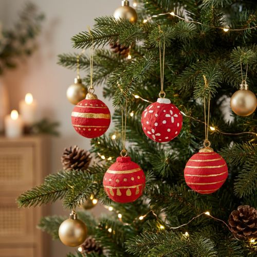 Piros, függő papírmasé karácsonyi golyók 5,5 cm-es 4 darabos szett | Floristik24.hu