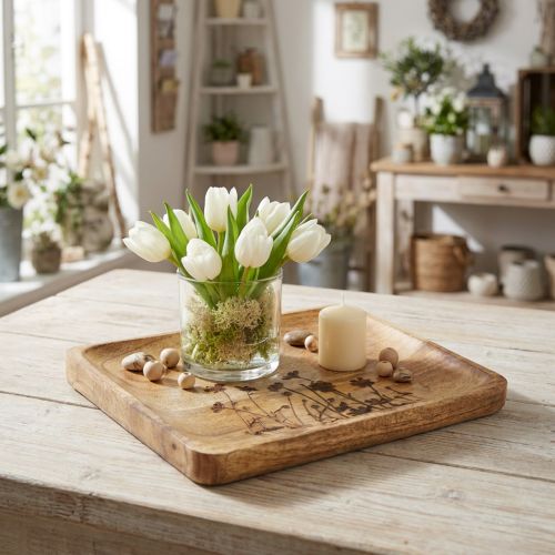 Dekoratív mangófából készült tálca virágmintával, 25×20cm | Floristik24.hu