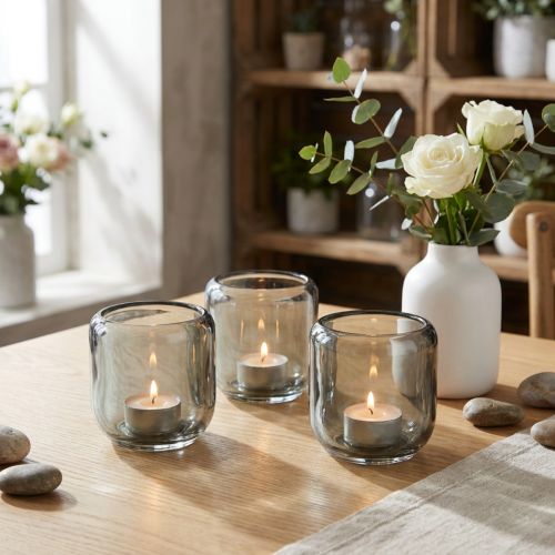 Szürke üveg mécsestartók bordázott mintával, 8 cm, 6 darab | Floristik24.hu