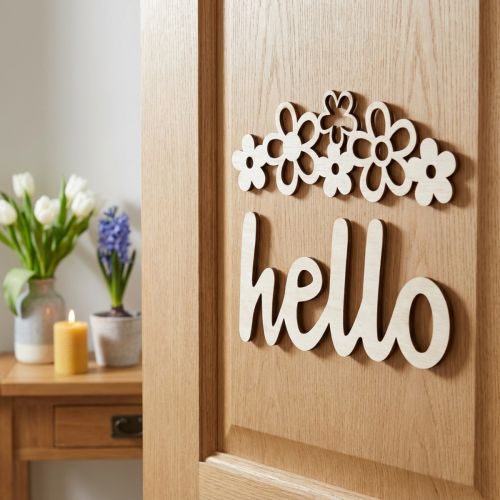 Fából készült dekorációs virágok "Hello" természet deko tábla mágnessel 18/19,5cm 6db | Floristik24.hu